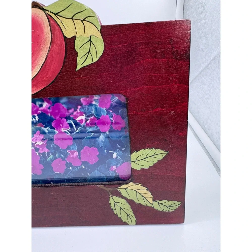 Vtg 1990s Tole Painted Cherry Wood Picture Frame Set 2 Peach Fruit Cottagecore